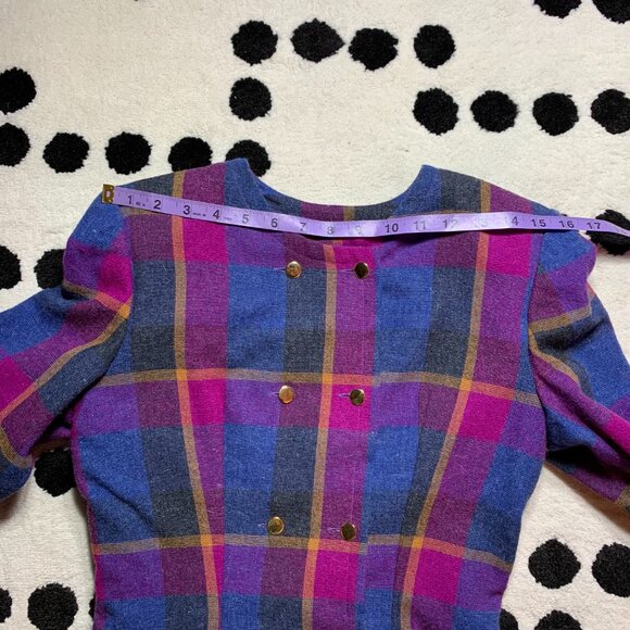 Vintage 80s Plaid Double Breasted Blazer Skirt Set Small Purple Blue Handmade - Picture 13 of 16